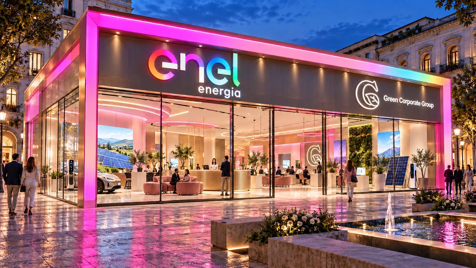 Render illustrativo di un negozio Green Corporate di sera, con le insegne Green Corporate Group ed Enel Energia